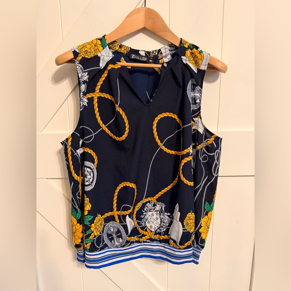 New York & Company Navy Floral Rope-Print Sleeveless Top Womens XL nautical sail